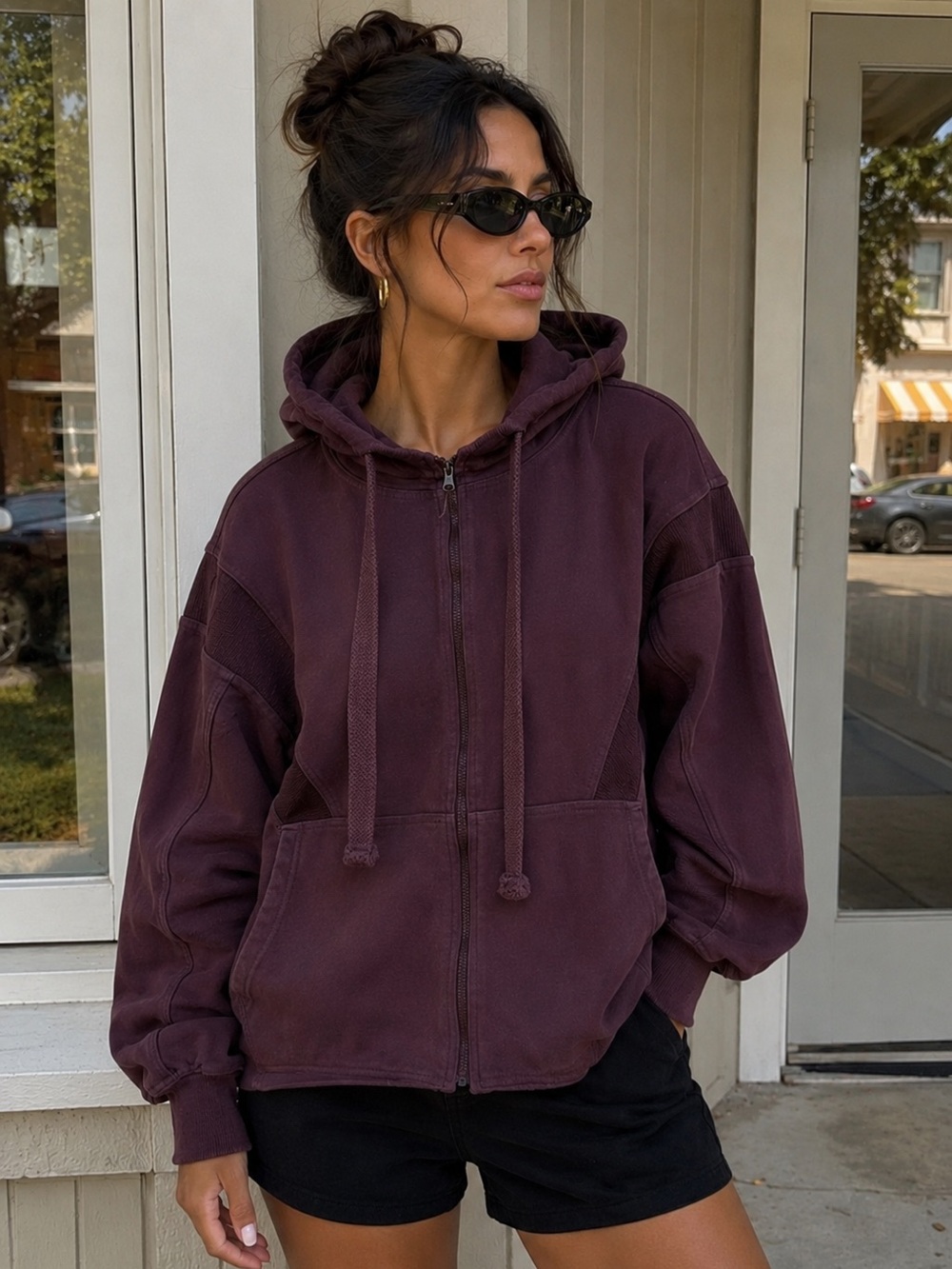 Fantastic Fawn Washed Mauve Oversized Zip Hoodie Paneled Sweatshirt L Athlesiure